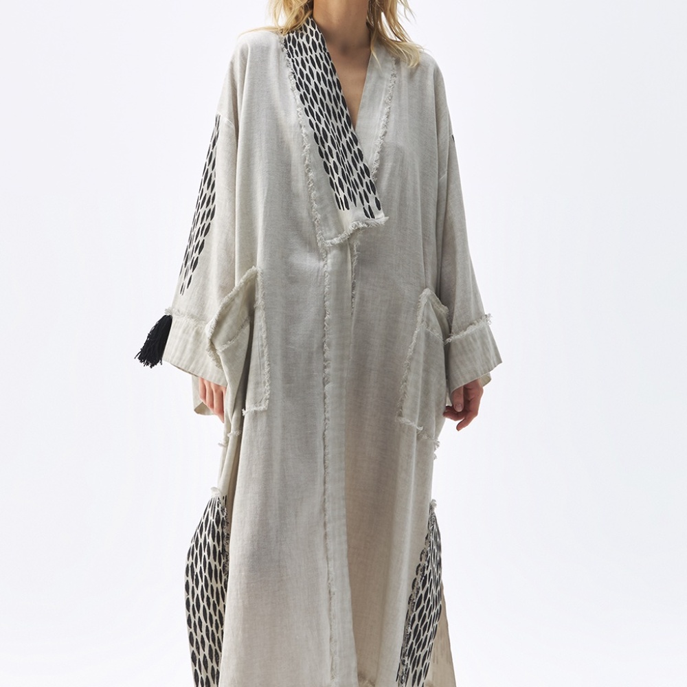 Simpuna Linen Gray Block Printed Unisex Kimono